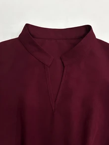 SHEIN Raffinéa Women's Elegant Daily Mid-Length Wine Red Dress, Versatile Fashionable Stand Collar With V-Neckline Pleated Skirt,Fall Winter Office Commuter - Burgundy - View 3