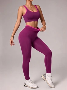 Easithlete Seamless Sports Yoga Leggings Set/Contrast Trim/Fashionable Sexy/Comfortable Versatile - Purple - View 3