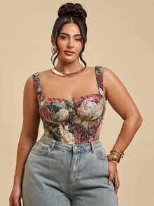 SHEIN BAE CURVE 大尺碼女款緹花性感百搭休閒上衣，女款大尺碼花卉掛毯甜心領束腰上衣，時尚，聖誕節，雞尾酒會，生日 - 彩色 - 查看 6