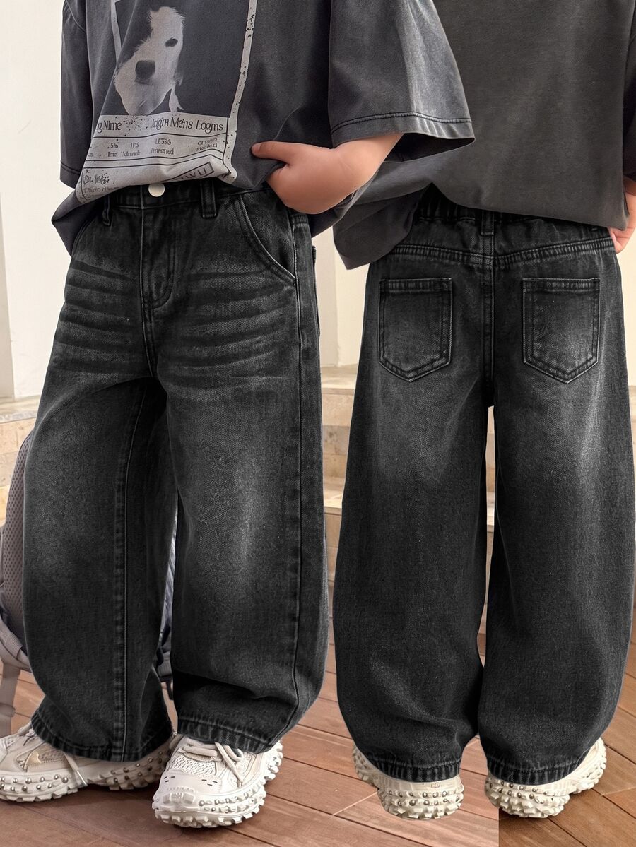 SHEIN 兒童小男孩直筒寬鬆休閒百搭牛仔長褲 - 黑色 - 查看 1