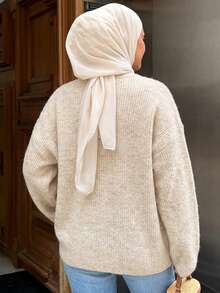 DAZY Women's Loose Casual Round Neck Long Sleeve Dropped Shoulder Solid Coffee Color Slouchy Sweater, Autumn/Winter - Beige - View 2