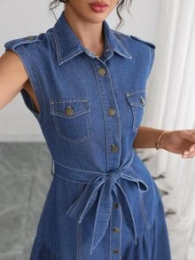 Elenzga Women's Loose Elegant Commute Casual Denim Dress - Blue - View 4