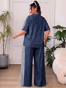 SHEIN EZwear Plus Size Women's Leopard Print Short Sleeve Top And Long Pants Casual Everyday Set - Navy Blue - View 2