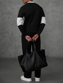 SLATEMANN Herr sweatshirt med färgblock, lång ärm, avslappnad och mångsidig pullover - Svart - Visa 2