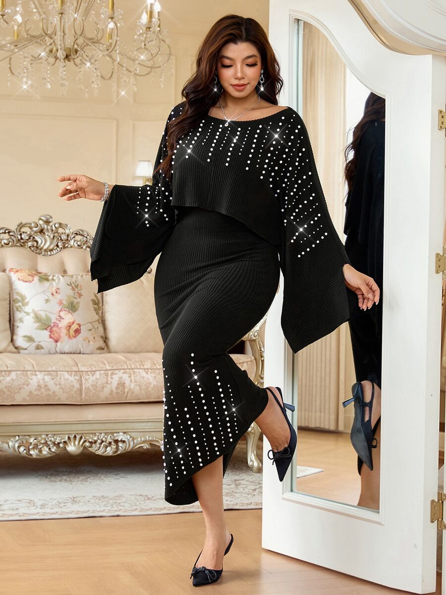 Reflora Plus Size Faux Pearl Decor Mermaid Skirt With Asymmetrical Shoulder Top 2 Pieces Set - Black - View 1