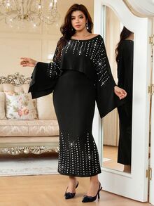 Reflora Plus Size Faux Pearl Decor Mermaid Skirt With Asymmetrical Shoulder Top 2 Pieces Set - Black - View 7
