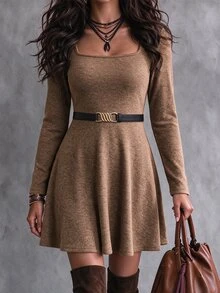 Ceyna Đầm len dệt kim size lớn cổ vuông, màu trơn thiết kế tối giản thường ngày, tay dài, chiết eo, chân váy chữ A, vải len dệt mềm, màu nâu mùa thu - màu nâu - Xem 6