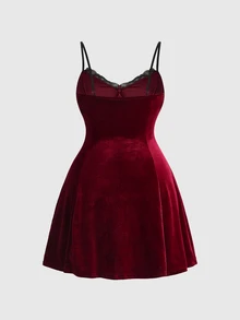 ROMWE Fairycore Plus Size Flocked Lace Patchwork Cami Dress - Burgundy - View 2