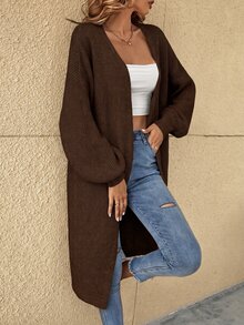 SHEIN Tall CURVE Plus Size Drop Shoulder Ribbed Knit Duster Cardigan,Long Sleeve Tops For Women Curve Tall In Fall/Winter - Coffee Brown - View 5