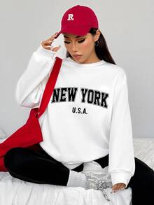 SHEIN EZwear 休閒極簡鬆款圓領衛衣與緊身內搭褲 2 件套，附紐約英文印花圖案 - 彩色 - 查看 4