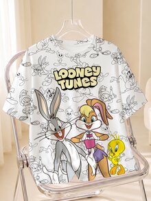 LOONEY TUNES X SHEIN Plus Size Women's Letter Cartoon Print Round Neck Short Sleeve Casual T-Shirt - White - View 1