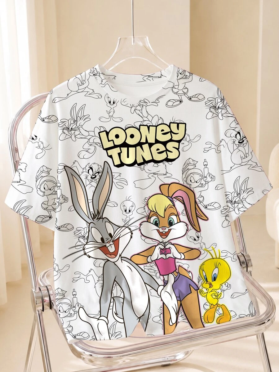 LOONEY TUNES X SHEIN Plus Size Women's Letter Cartoon Print Round Neck Short Sleeve Casual T-Shirt - White - View 1