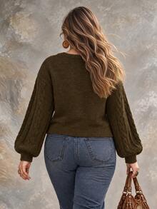 Ceyna Plus Size Vintage Cable Knit Button Long Sleeve Sweater - Green - View 2