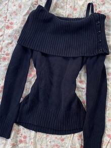 IslaSuriya Sweater Lengan Panjang Kasual Wanita Warna Polos untuk Sehari-hari - Navy Blue - View 5