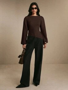 Poéselle 女款優雅羅紋提花不對稱下擺保暖毛衣，秋冬針織上衣，適合上班、約會、度假、派對與節日穿搭 - 棕色 - 查看 8
