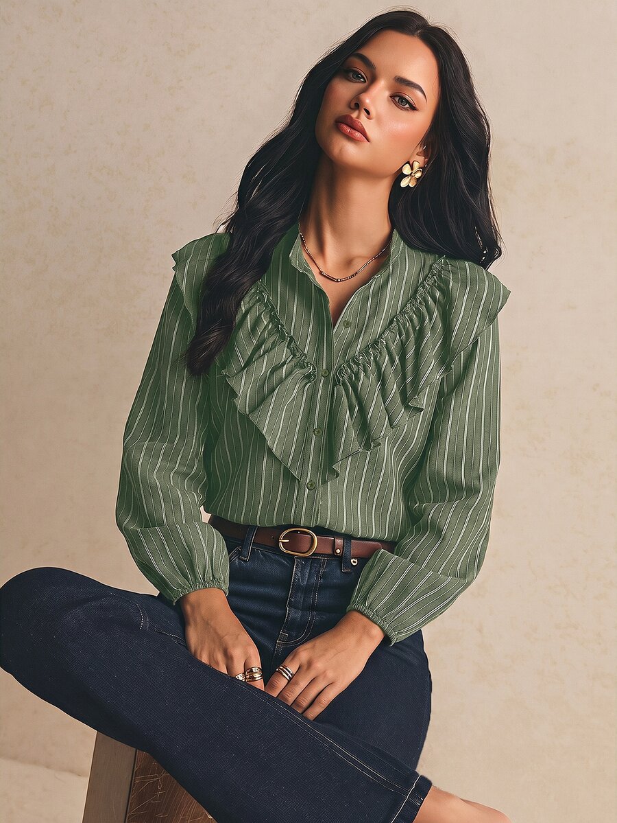 Poéselle 女款條紋長袖單排扣拼接荷葉邊時尚襯衫 秋冬休閒上衣 通勤上班外出穿搭襯衫 - 綠色 - 查看 1