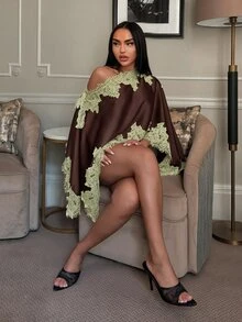 SHEIN SXY 女款撞色蕾絲不對稱肩蝙蝠袖上衣與緊身裙時尚優雅兩件套，適合早午餐、茶會，棕色 - 彩色 - 查看 7