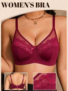 DesireSculpt 1件女款蕾絲拼接無鋼圈內衣 - 紅色 - 查看 3