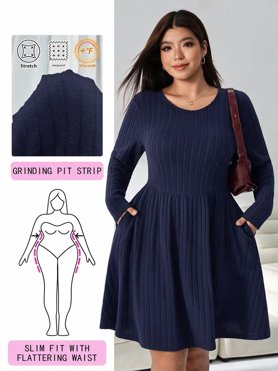 Solflare Plus Size Casual Versatile Solid Color Dress Fall - Navy Blue - View 1