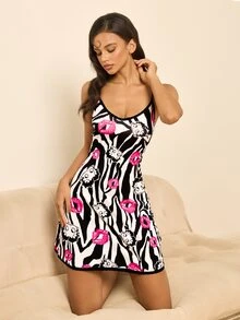 Betty Boop x SHEIN Women's Sexy Cartoon Print Spaghetti Strap Nightgown - Black - View 8