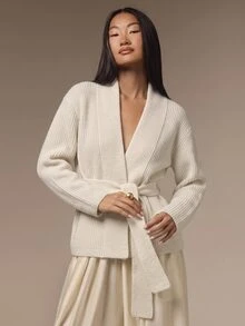 COSMINA 女款休閒優雅極簡長袖前綁帶針織衫，百搭秋季辦公室黑色秋裝冬季女裝 - 杏色 - 查看 5