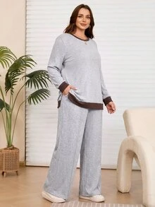 Rosumi 大尺碼女款 2 件組棕色秋季修身休閒居家服，對比色連帽衛衣與寬腿運動長褲套裝，附口袋，舒適居家套裝 - 灰色 - 查看 4
