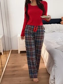 Napfluff Minimalist Contrast Color Ribbed Long Sleeve Top & Plaid Casual Pants Loungewear Pajama Set - Red - View 5