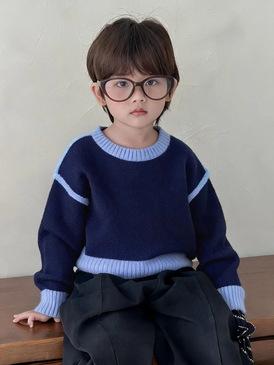 Dazy Kids 男嬰高領韓式長袖純色針織衫,秋冬款 - 藍色 - 查看 1