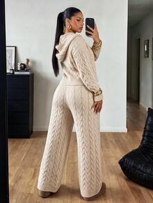 POPSWAY Plus Size Women's Oatmeal Gray Cable Knit Front Zip-Up Lapel Short Cardigan + High-Waist Drapey Wide Leg Knit Pants 2 Pieces Set, Suitable For Daily Commute/Outing Date/Indoor Outdoor/Halloween Christmas Outfit - Khaki - View 4