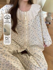 DAZY Women's Ditsy Floral Long Sleeve Single-Breasted Top And Pants Loungewear Set - Beige - View 4