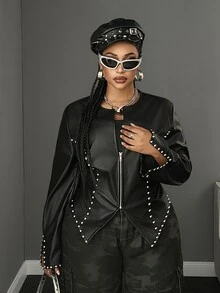 Maweii Plus Size Women's Autumn/Winter Black Rivet Short Leather Jacket, Stand Collar Front Zipper Split Long Sleeve Cinched Waist Slim Fit Sexy Short Leather Coat - Black - View 6