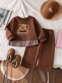 SHEIN Playful Pals Baby Girls Teddy Bear Print Striped Ruffle Hem Sweatshirt & Straight Pants 2Pcs Outfit Set - Coffee Brown - View 1
