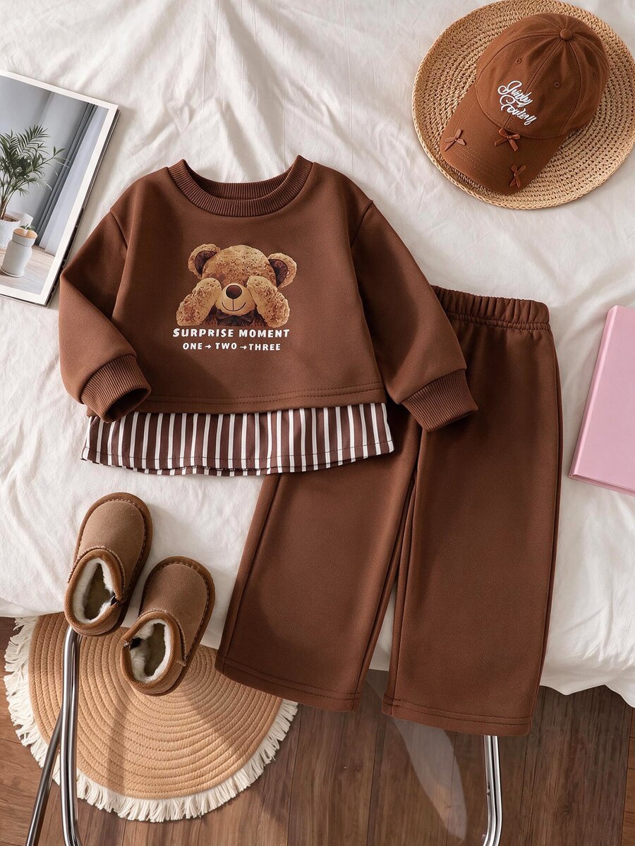 SHEIN Playful Pals Baby Girls Teddy Bear Print Striped Ruffle Hem Sweatshirt & Straight Pants 2Pcs Outfit Set - Coffee Brown - View 1