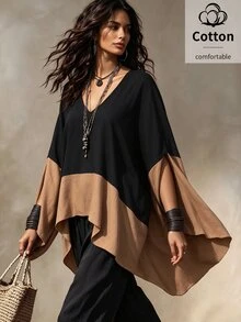 Linhara CURVE Colorblock Patchwork V-Neck Cover Up, Loose Batwing Sleeve Lightweight Atmospheric Shirt Top - Black - View 4