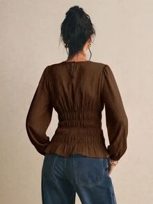Poéselle 女款圓領泡泡袖鬆緊腰收腰荷葉邊上衣，優雅長袖設計，紋理百褶，夏季女士茶會上衣 - 咖啡棕 - 查看 2