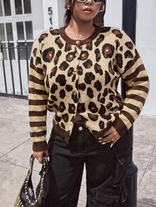 SHEIN EZwear 大尺碼女款豹紋條紋拼接前扣開襟衫，休閒 1950 年代復古 1920 年代風格，適合秋冬辦公室、音樂會，米色 - 咖啡棕 - 查看 5