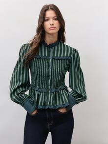 Nöista Women's Striped Pleated Casual Daily Wear Blouse - Dark Green - View 3