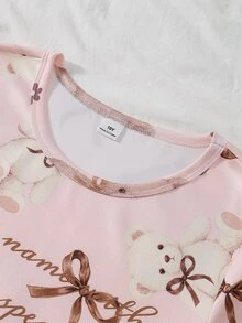 Tween女孩熊蝴蝶結英文單字印花短袖短褲套裝 貼身居家服 - 藕粉色 - 查看 9