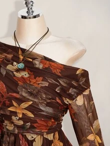 SHEIN ICON 大尺碼 Y2K 楓葉印花網紗長袖洋裝，復古休閒修身連身裙，適合春季與秋季 - 棕色 - 查看 5