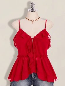 SHEIN ICON 大尺碼女款荷葉邊雪紡純色綁帶細肩帶背心 - 紅色 - 查看 6