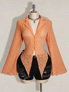 SHEIN ICON ICON PLUS 生菜邊飾不對稱下擺透視上衣 無內衣設計 大尺碼女式襯衫-1891，Y2k/秋季/冬季 - 橘色 - 查看 3