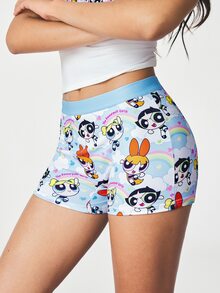 THE POWERPUFF GIRLS X SHEIN Women's Rainbow Cloud Cartoon Wide Waistband Four-Corner Shorts - Blue - View 1