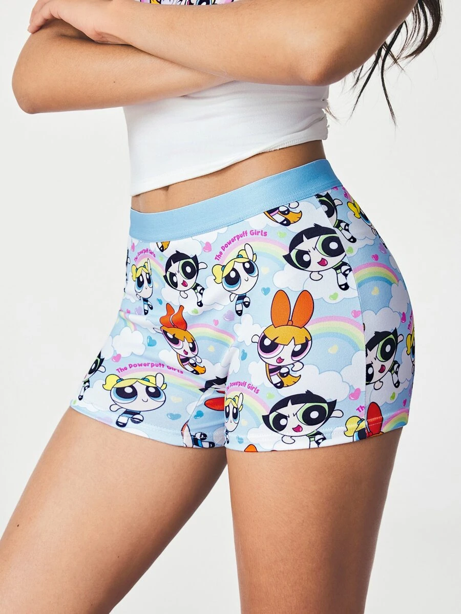 THE POWERPUFF GIRLS X SHEIN Women's Rainbow Cloud Cartoon Wide Waistband Four-Corner Shorts - Blue - View 1