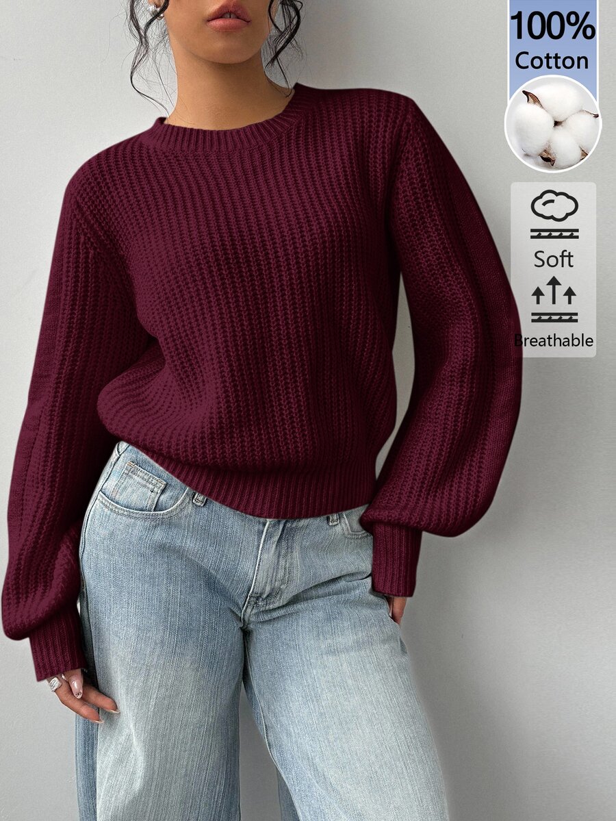 SHEIN BASICS 女款圓領長袖純色毛衣,純白色,適合早午餐、學校、居家、日常穿著,秋季休閒基礎款,適合畢業季與大學生活 - Purple Wisdom - 查看 1