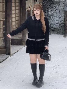 Bijouette Plus Size Shirt Collar Tie V-Neck Pullover Sweater, Autumn/Winter, Flattering Belly And Hip Coverage, Slimming, Pear And Apple Shape Friendly, Non-Constricting, Japanese Gentle Style, Suitable For Commute, Date, Travel And Sightseeing - Black - View 3