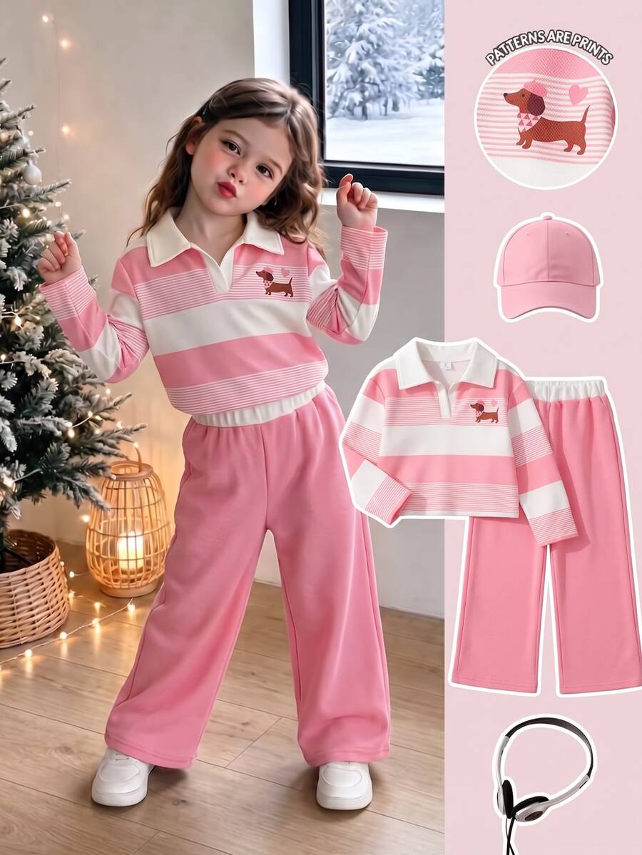 SHEIN 女童休閒 Polo 領兩件套,白色對比翻領粉色印花長袖上衣 + 粉色高腰 - 粉色 - 查看 1
