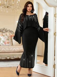 Reflora Plus Size Faux Pearl Decor Mermaid Skirt With Asymmetrical Shoulder Top 2 Pieces Set - Black - View 8