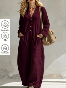 Linhara CURVE 2026 New V-Neck Plus Size Women's Jumpsuit With Pockets Fall - Burgundy - View 4