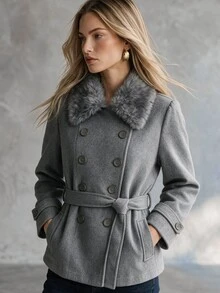 Trelyra Elegant Comfortable French Vintage Commute Chic Design High-End Versatile Fur Collar Overcoat - Grey - View 8