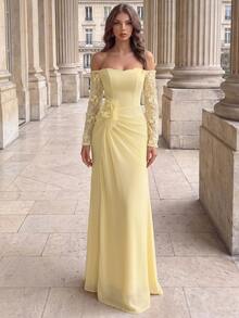 Poshira Women's 3D Floral Decor Formal Evening Gown Dress (Heavy Embellished Style) - Yellow - View 2